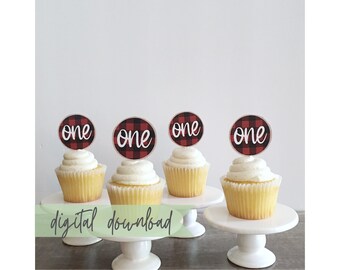 Printable Red Plaid Cupcake Toppers, Lumberjack Birthday Digital Download, Lumberjack Cupcake Topper Instant Download, Plaid Party Decor