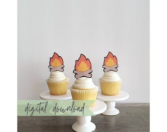 Printable Campfire Cupcake Toppers, Camping Theme Digital Download, Camping Downloadable Party Decor