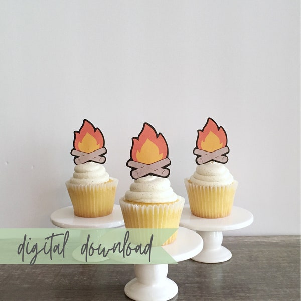 Printable Campfire Cupcake Toppers, Camping Theme Digital Download, Camping Downloadable Party Decor