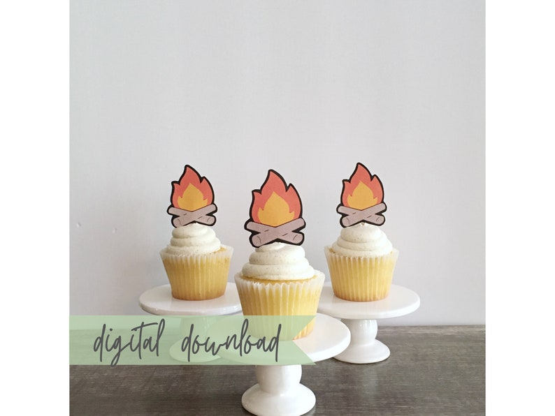 Printable Campfire Cupcake Toppers, Camping Theme Digital Download, Camping Downloadable Party Decor image 1