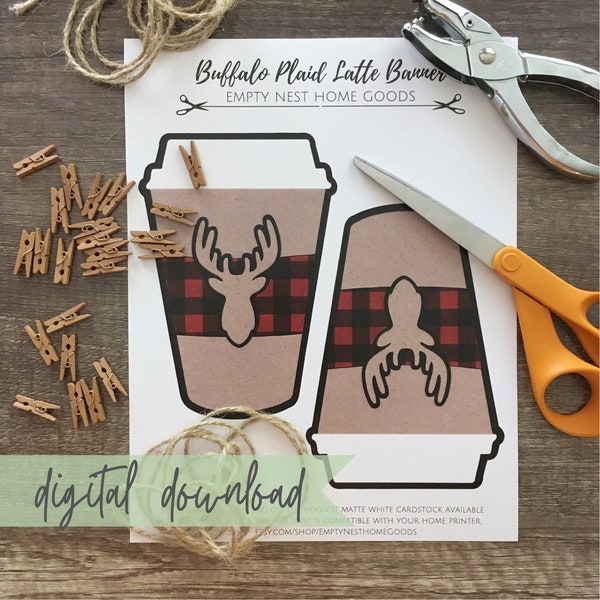 Afdrukbare koffie banner, koffiebar vakantie decor, Buffalo Plaid banner, herfst koffiebar, koffieshop herfst banner