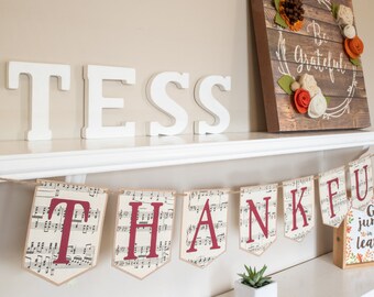 Thankful Banner, Thanksgiving Banner, Sheet Music Decor, Autumn Home Decor