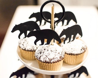 Bear Cupcake Topper, Woodland Cake Topper, Lumberjack Party Supplies, Black Grizzly Bear Cutout