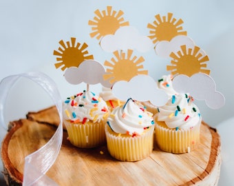 Sunshine Cupcake Toppers, Vintage Rainbow Birthday Decor, Rainbow Baby Shower, Sun and Rainbow Birthday, You Are My Sunshine Cake Toppers