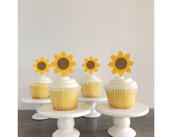 Sunflower Cupcake Toppers, Cardstock Sunflower Food Pick, Sunflower Party Decor, Garden Party Garland, Summer Floral Birthday Cupcake Topper