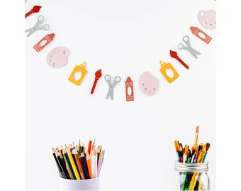Back To School Garland, Art Classroom Decor, School Theme Garlands, Art Supplies Banner, Muted Pastel Boho Back To School Garland