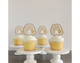 Beehive Cupcake Toppers, What Will It Bee Party, Natural Tone Bee Party Decor, Muted Natural Honeybee Party Decor, Boho Bee Theme Cupcakes