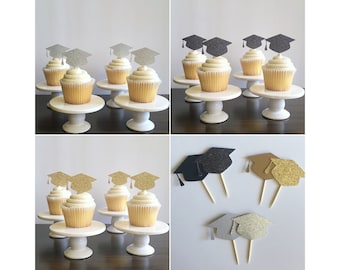 Graduation Hat Cupcake Topper, Class of 2024 Grad Party Decor, Graduation Cap Cupcake Topper, Gold, Silver and Black Mortarboard Topper