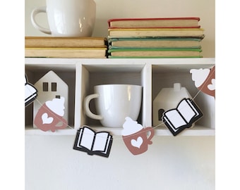 Book and Coffee Garland, Book Club Decorations, Latte and Reading Banner, Cozy BookTok Garland, Gift for Readers, Reading Nook Decor