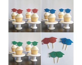 Graduation Hat Cupcake Topper, Class of 2024 Grad Party Decor, Graduation Cap Cupcake Topper, Red, Green, and Blue Mortarboard Topper