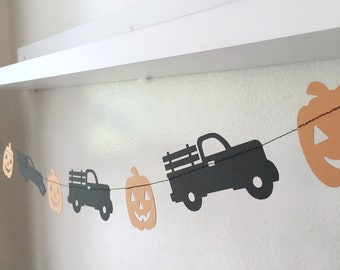 Jack O Lantern Truck Garland, Fall Banner, Black Halloween Pickup Truck, Pumpkin Carving Banner