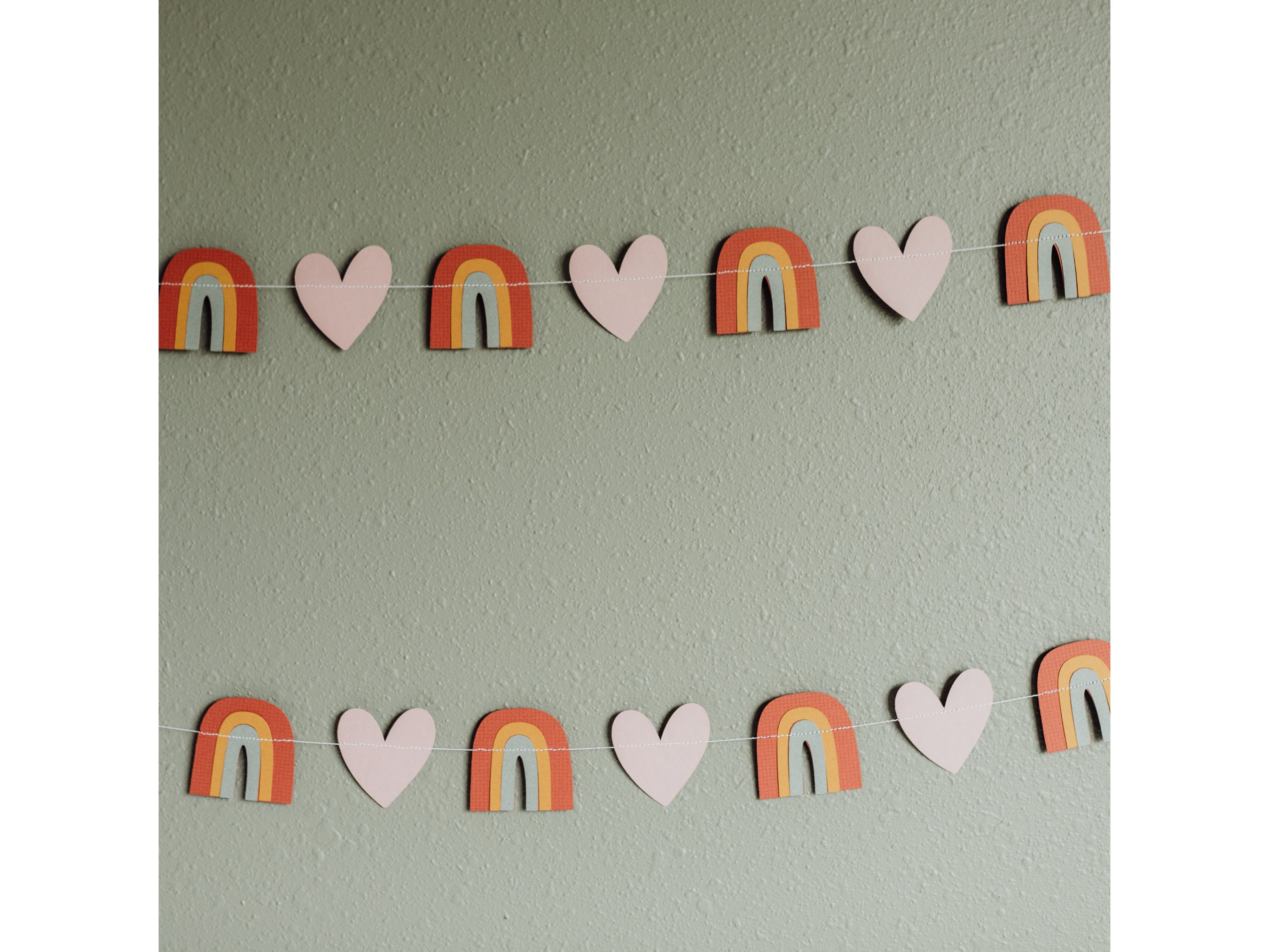 Boho Rainbow Garland Muted Pastel Rainbow Banner Whimsical Rainbow and Heart Decor Rainbow Themed Party Decor Mauve Mustard