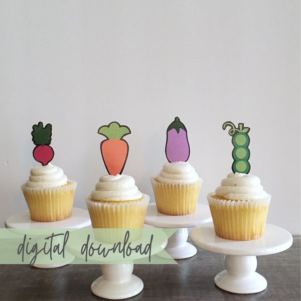 Printable Veggie Cupcake Toppers, Garden Party Download, Home Grown Baby Shower Theme, Garden Theme Party Ideas, Veggie Theme Digital Decor