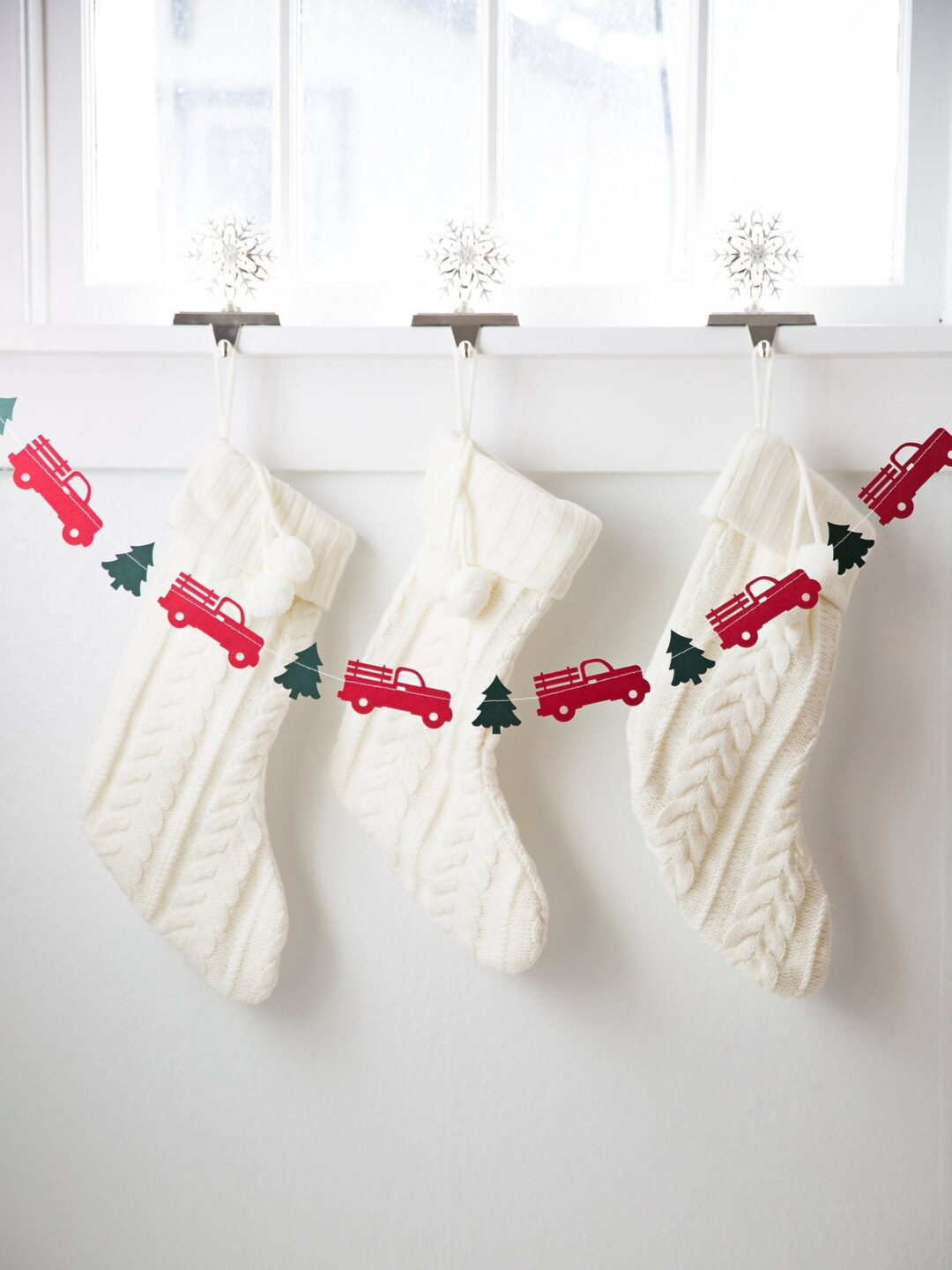 Red Christmas Tree Truck Garland, Christmas Mantel Decor, Vintage Red Truck Banner - Etsy