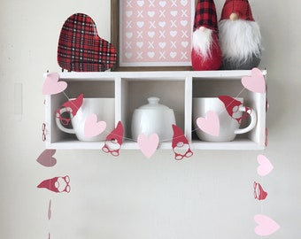 Bannière gnome, guirlande de nain de la Saint-Valentin, déco bar à café gnome, bannière de manteau de cheminée Saint-Valentin, décoration d'intérieur sur le thème gnome