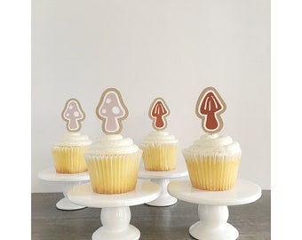 Mushroom Cupcake Toppers, Whimsical Mushroom Decor, Muted Pastel Mushroom Birthday, Fairy Garden Theme Party, Woodland Cake Decor
