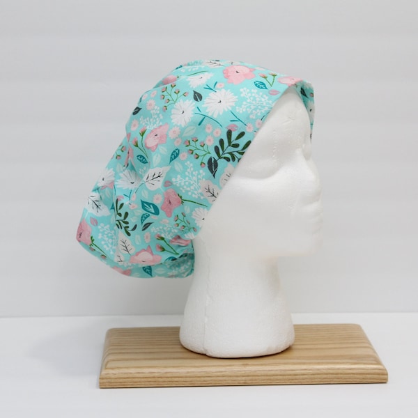 Turquoise and Pink Floral Scrub Hat, Spring Blooms Scrub Cap, Women's Euro Style Scrub Hat, Ladies OR Cap, Nurse Cap, Blue Floral Scrub Hat