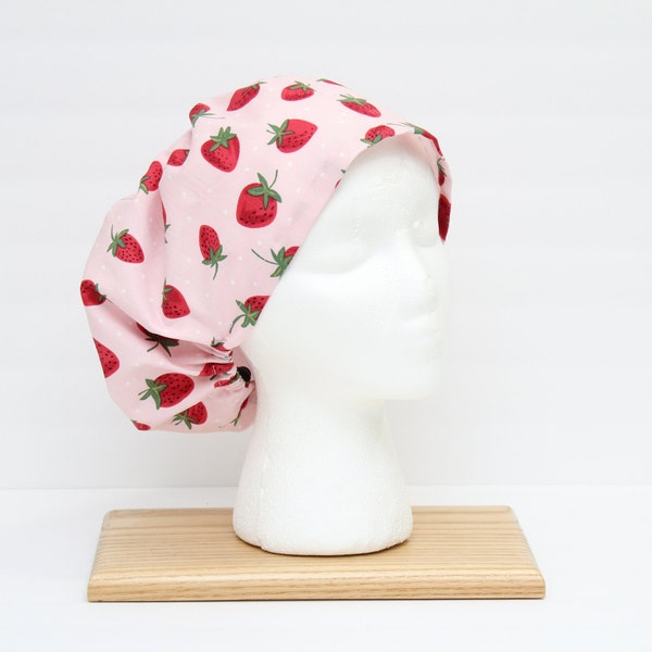 Strawberry Scrub Hat, Euro Style Scrub Cap, Pink Scrub Cap, Summer Scrub Hat, Ladies Scrub Cap, Nurse OR CAP, Dental Cap