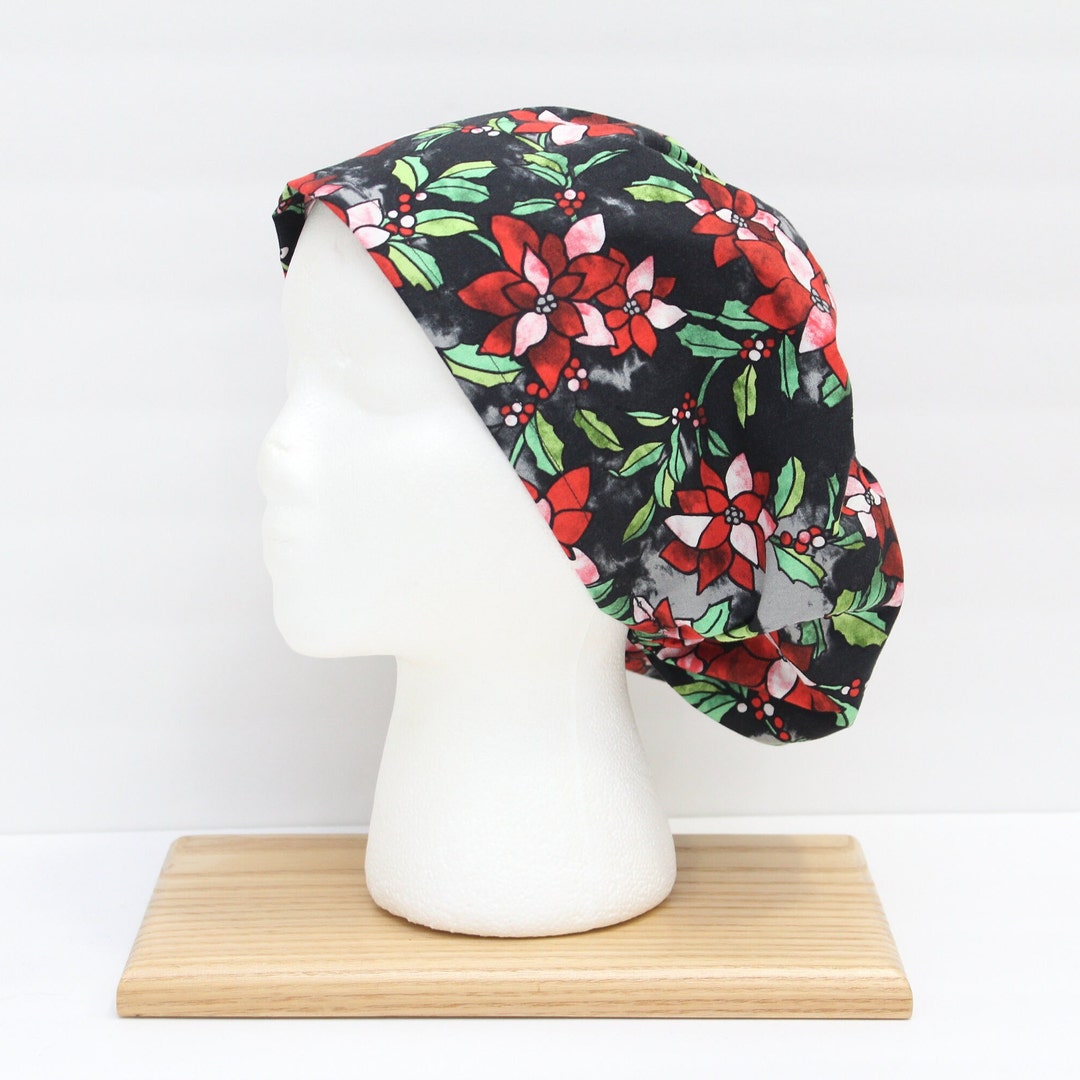 Poinsettia Stained Glass Women's Euro Style Scrub Cap, Fitted Surgical