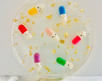 Resin Pill Coasters, Gold Leaf Pill Coaster, Pharmacist Gift