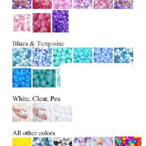 May include: A variety of colours of plastic balls, organised by colour category: pinks and purples, blues and turquoise, white, clear, pea, and all other colours.