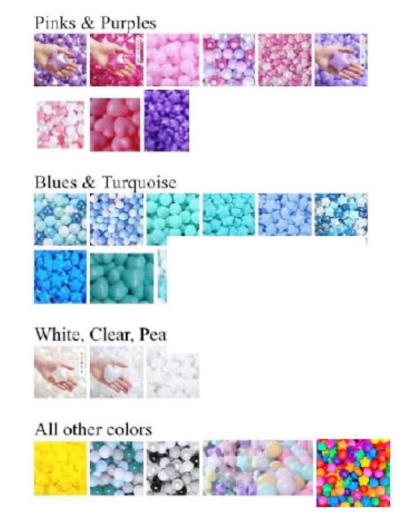 May include: A variety of colours of plastic balls, organised by colour category: pinks and purples, blues and turquoise, white, clear, pea, and all other colours.