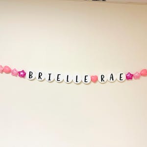 May include: A white banner with the name "Brielle Rae" spelled out in black letters. The banner is decorated with pink and purple stars and hearts.
