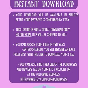 Op de afbeelding: Paarse achtergrond met witte tekst die uitlegt dat dit item een ​​direct download is. De tekst legt uit dat de download binnen enkele minuten beschikbaar is nadat de betaling door Etsy is bevestigd. De tekst legt ook uit dat deze vermelding alleen voor een digitale download is en dat er geen fysiek item wordt verzonden. De tekst legt uit dat je op twee manieren toegang kunt krijgen tot je bestanden: na het afrekenen ontvang je een e-mail van Etsy met de link om je bestanden te downloaden, of je kunt ze ook vinden onder het tabblad Aankopen en beoordelingen op je Etsy-account of op het volgende adres: http://www.etsy.com/your/purchases. De tekst wordt gevolgd door een witte cirkel met de tekst "Livi Shy Studio" in zwart.