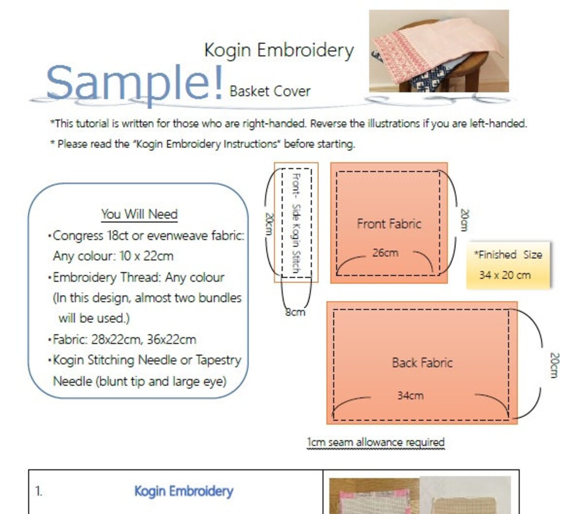Pattern Kogin Embroidery Basket Cover Instruction Etsy