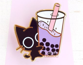 Boba Scaredy Cat Enamel Pin // Black Cat, Kawaii Pin, Cute Pin, Bubble Tea, Boba Pin, Pins, Sweets