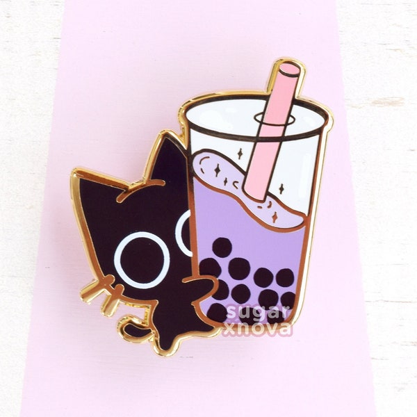 Boba Scaredy Cat Enamel Pin // Black Cat, Kawaii Pin, Cute Pin, Bubble Tea, Boba Pin, Pins, Sweets