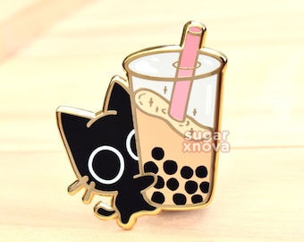 Boba Cat Enamel Pin // Black Cat, Kawaii Pin, Cute Pin, Bubble Tea, Boba Pin, Pins, Sweets