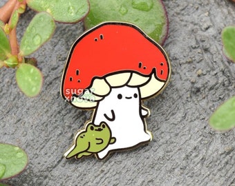 Mushroom and Frog Enamel Pin // Froggy, Frog, Woodland, Cute, Kawaii, Nature, Outdoors, Orange, Red, Green, Mush