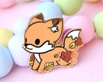 Fall Fox Hard Enamel Pin // Autumn, Leaves, Leaf, Woodland, Cute, Kawaii, Nature, Orange, Red, Lapel