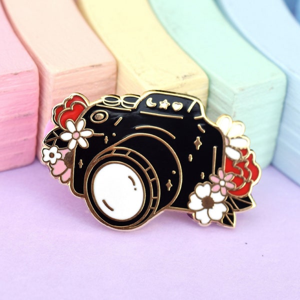 Camera Hard Enamel Pin // Photographer, Gift, Photo, Nikon, Canon, Cute, Kawaii, Photography, Floral, Flower