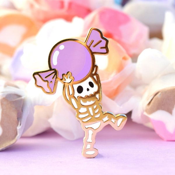 Spooky Scary Skeleton with Giant Candy Halloween Enamel Pin