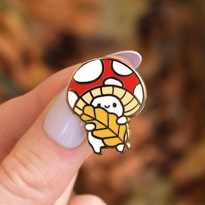 Mushroom Hugging Leaf Cute Autumn Enamel Pin