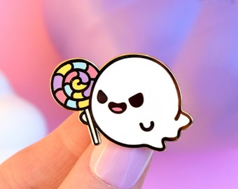 Lollipop Ghost Enamel Pin – Halloween Gold Plated Brooch
