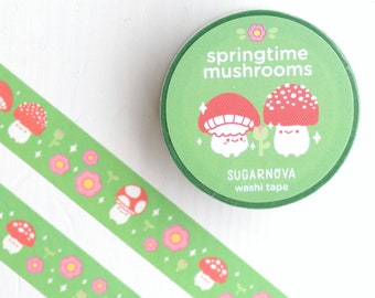 Spring Mushroom & Flowers Washi Tape // 15mm x 10m // for scrapbooking, journaling, planners, wrapping