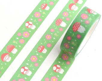 Spring Mushroom & Flowers Washi Tape // 15mm x 10m // for scrapbooking, journaling, planners, wrapping