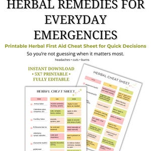 Puede incluir: Una hoja de trucos de primeros auxilios a base de hierbas imprimible titulada "Remedios herbales para emergencias cotidianas". El diseño presenta dos hojas con bloques de color rosa, verde y blanco, que enumeran hierbas, usos y dosis para dolencias comunes.