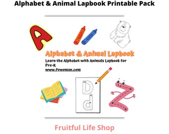 May include: A printable pack of alphabet and animal lapbooks for preschoolers. The image shows a colorful alphabet letter A, a bear, crayons, a book, a pencil, a tracing sheet with the letter D, and a cartoon letter Z.