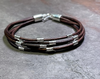 Cool Hand - Leather and Artisan Hammered Sterling Silver Beads Multi-Strand Bracelet - Choose From 3 Colors