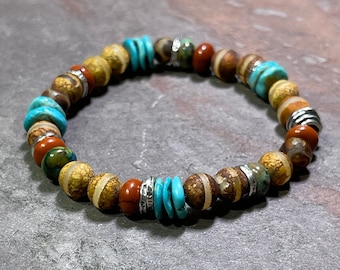 Mixed Bag - Tibetan Agate, Chrysoprase, Turquoise, Jasper, and Handmade Sterling Silver Stretch Bracelet