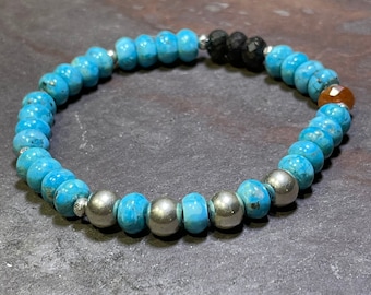 Turquoise With A Twist - Blue Kingman Turquoise, Oxidized Sterling Silver, Black Opals, and Hill Tribe Silver Stretch Bracelet