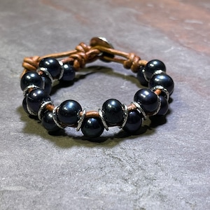 Midnight in June - AAA Black Pearls and Handmade Artisan Sterling Silver Leather Bracelet