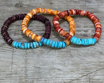 Bahia - Spiny Oyster and Kingman Turquoise Beaded Stretch Bracelets - Choose Orange, Purple, or Red