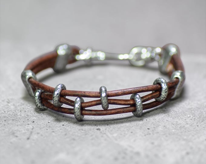 Penobscot - Distressed Leather and Pewter Bracelet  - Unisex