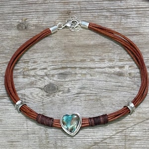 Caramel Collana - Turquoise Heart Leather Necklace, Handmade Sterling Silver Artisan Jewelry