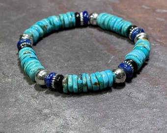 Wild West - Kingman Turquoise, Lapis, Sterling Silver Beaded Stretch Bracelet